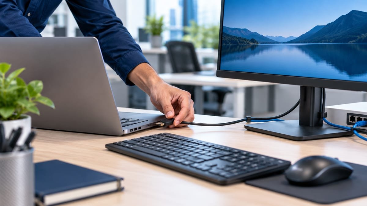 Illustration of onsite office IT support connecting a laptop and monitor