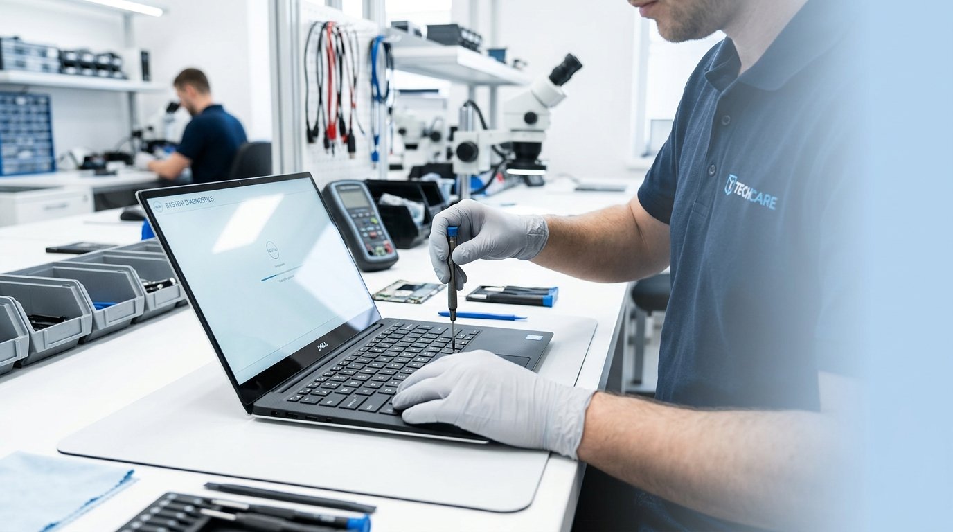 TechnoCare Systems technician inspecting a refurbished laptop in a professional workshop in Pune