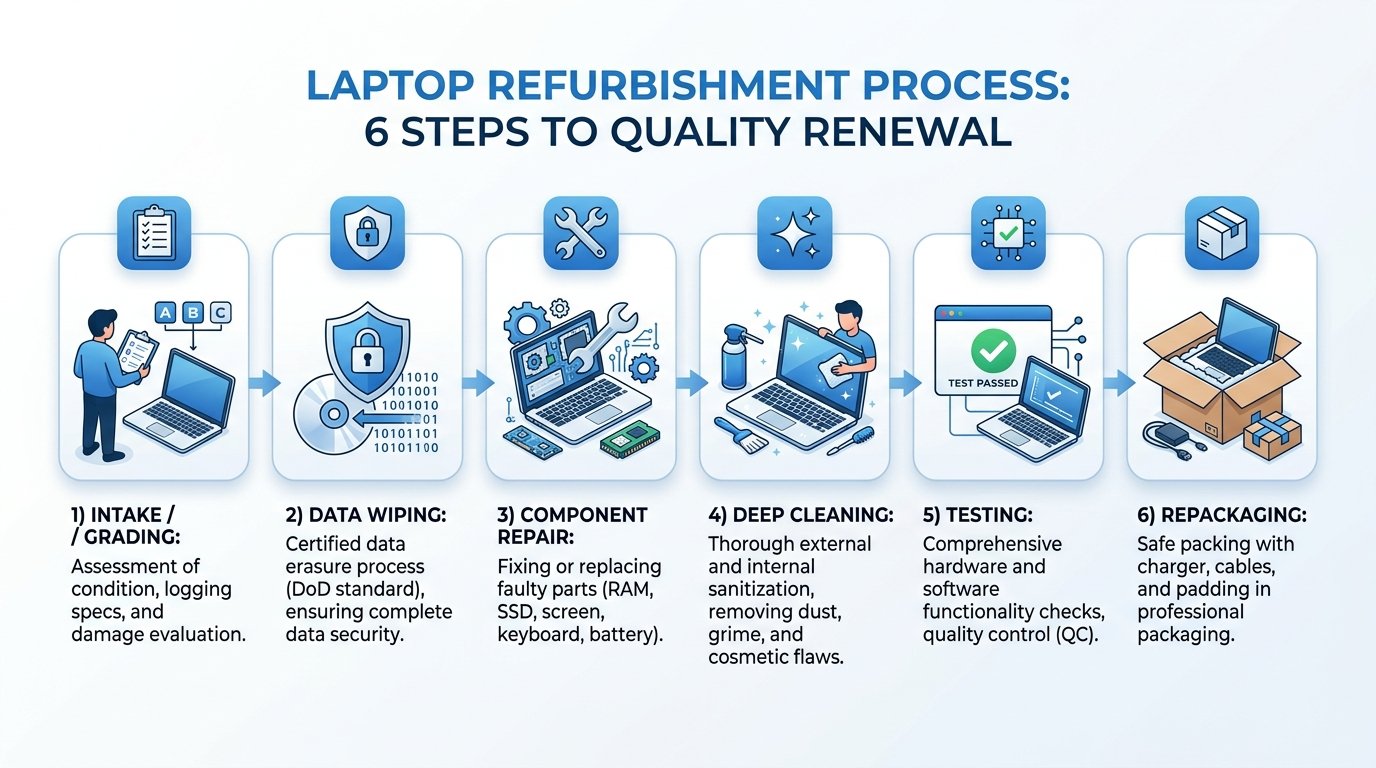 Infographic: The 6 steps of the laptop refurbishment process at TechnoCare Systems